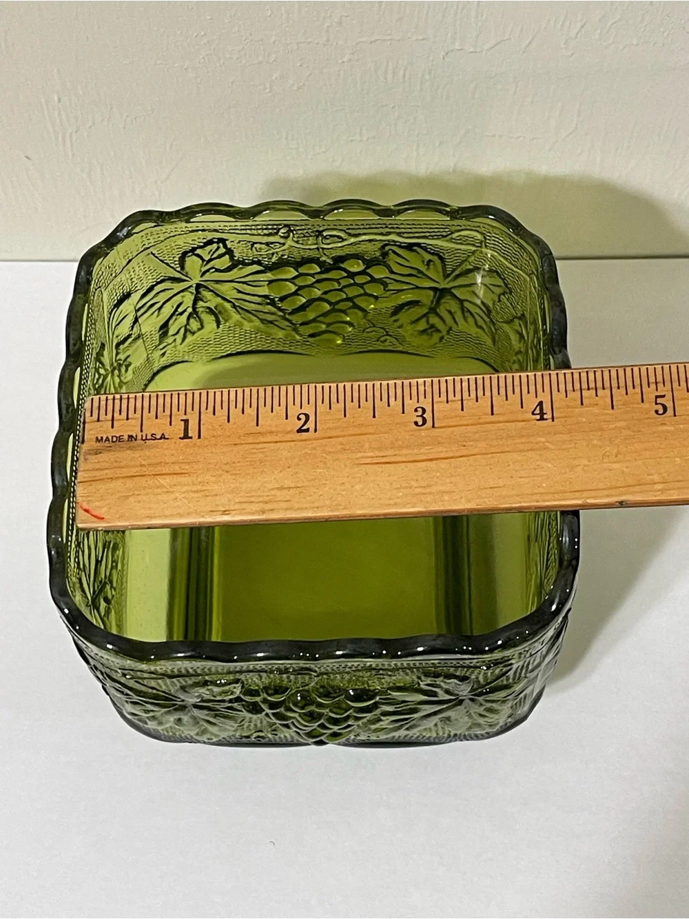 Indiana Glass Pedestal Square Bowl Vase Green Candy Dish Grapes Leaves Scalloped